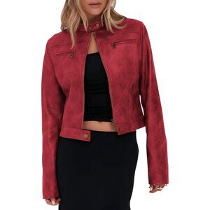 Women's Red Faux Leather Cropped jackets Casual Vintage Zip Motorcycle Jacket